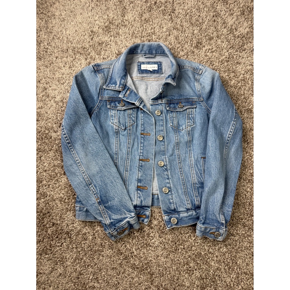LOFT Denim Jacket Petite XXS Blue Medium Wash Cotton Stretch Trucker Coat Womens